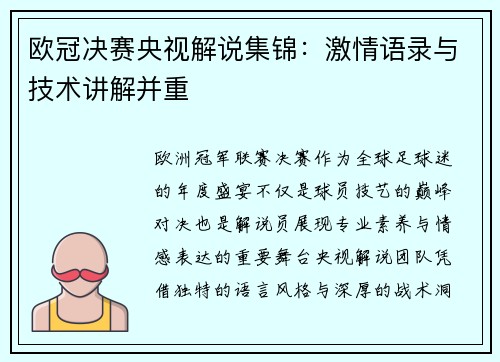 欧冠决赛央视解说集锦：激情语录与技术讲解并重