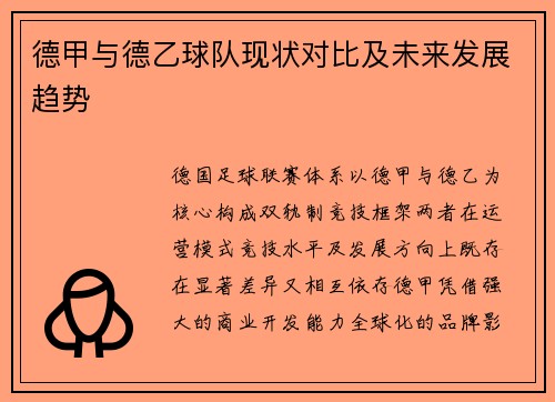 德甲与德乙球队现状对比及未来发展趋势